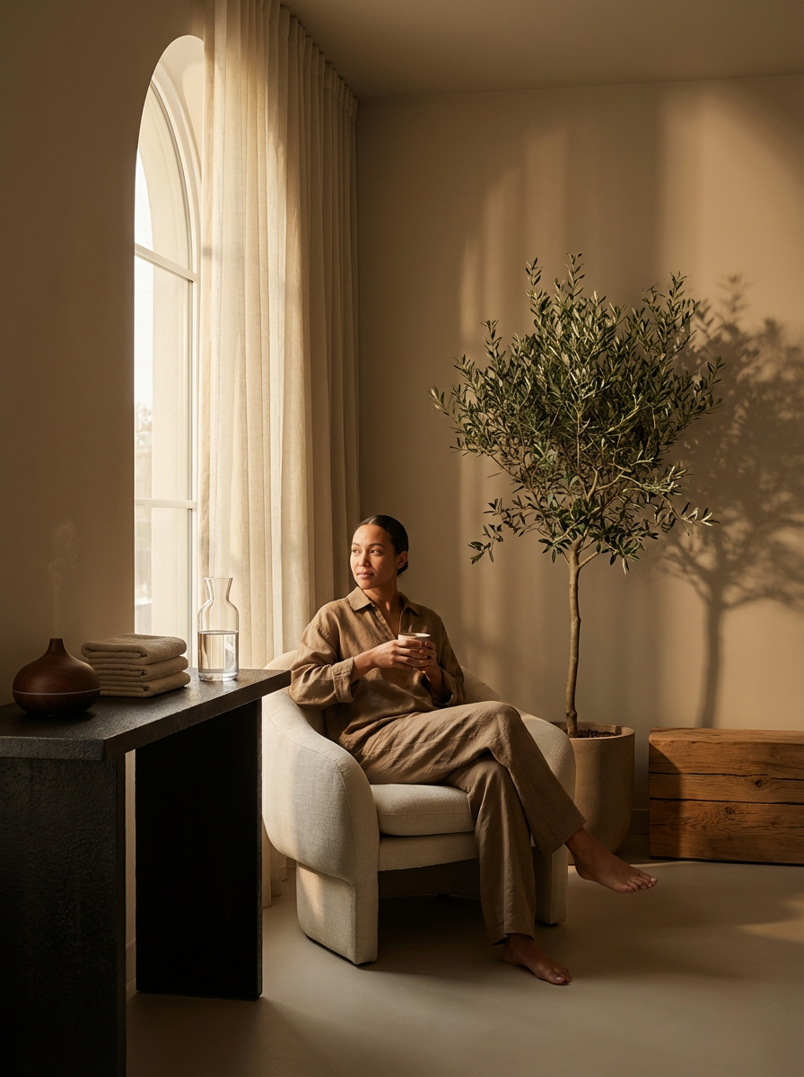 Woman sitting by a bright window at home
