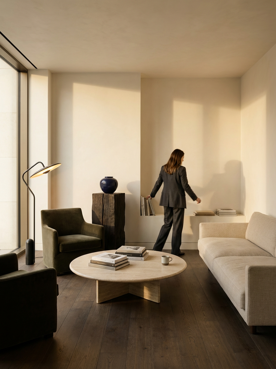 Woman standing in a calm living room
